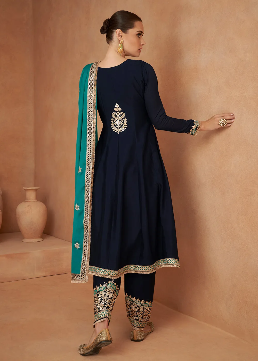 Premium Chinnon Dark Blue Punjabi Style Salwar Suit