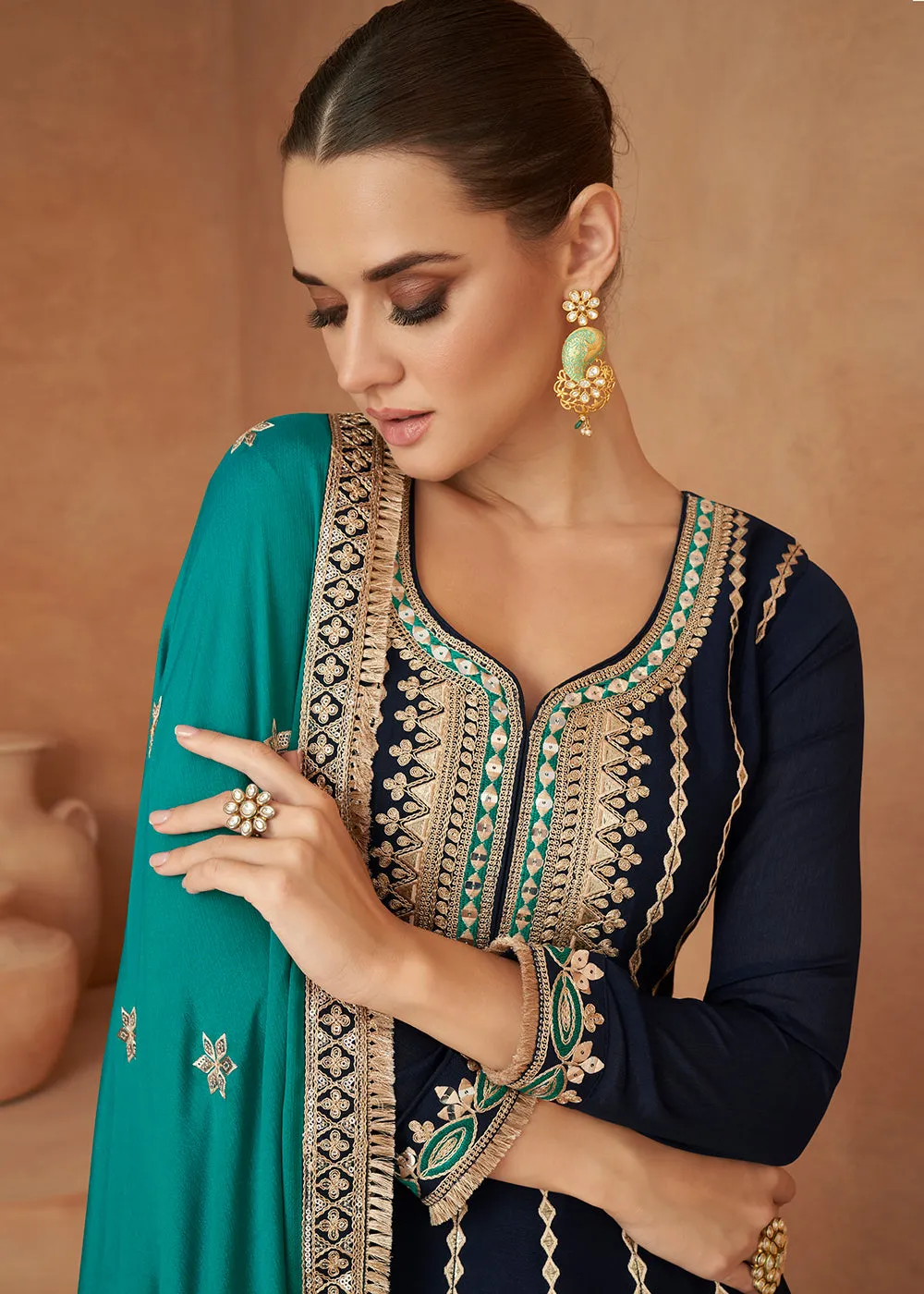 Premium Chinnon Dark Blue Punjabi Style Salwar Suit