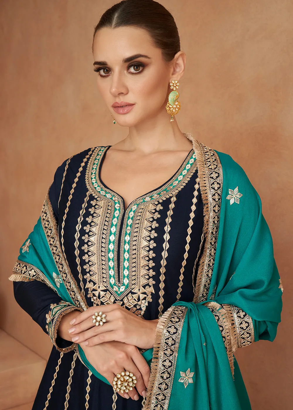 Premium Chinnon Dark Blue Punjabi Style Salwar Suit