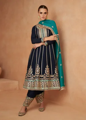 Premium Chinnon Dark Blue Punjabi Style Salwar Suit