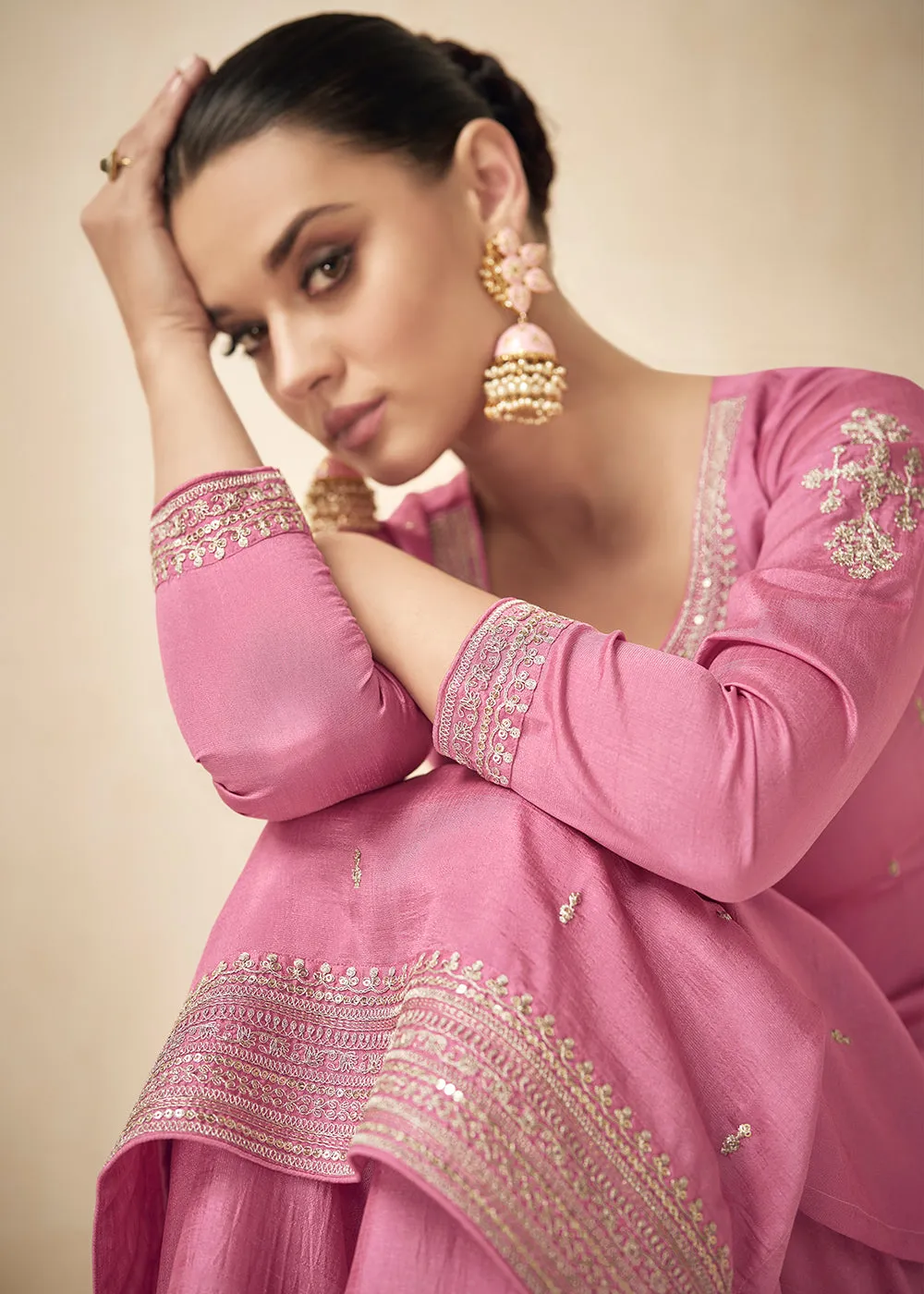 Premium Silk Pretty Pink Embroidered Straight Pant Salwar Suit