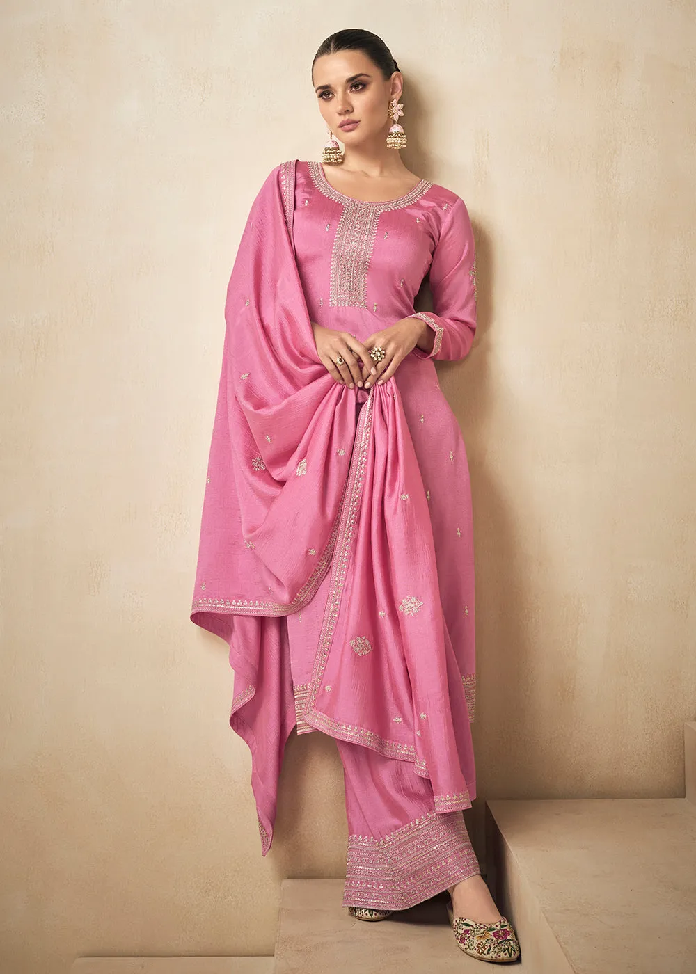 Premium Silk Pretty Pink Embroidered Straight Pant Salwar Suit