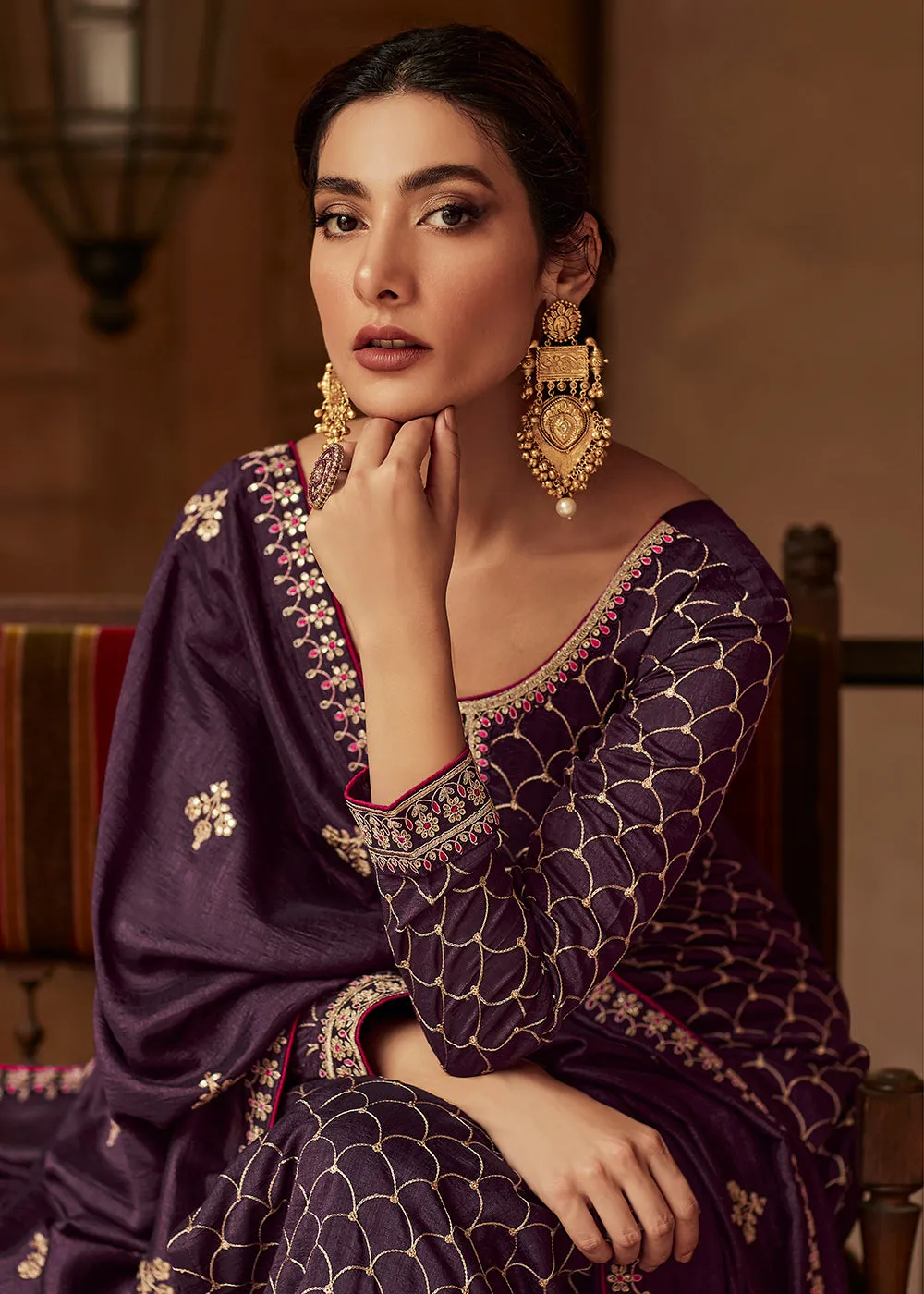 Premium Silk Purple & Gold Embroidered Indian Salwar Kameez