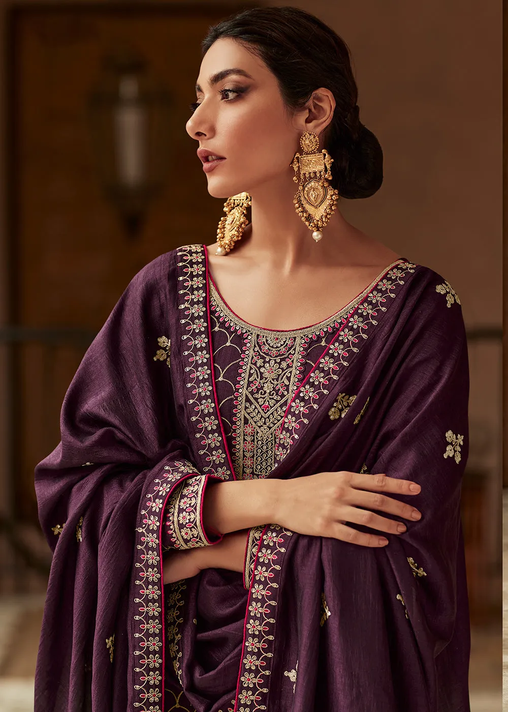 Premium Silk Purple & Gold Embroidered Indian Salwar Kameez