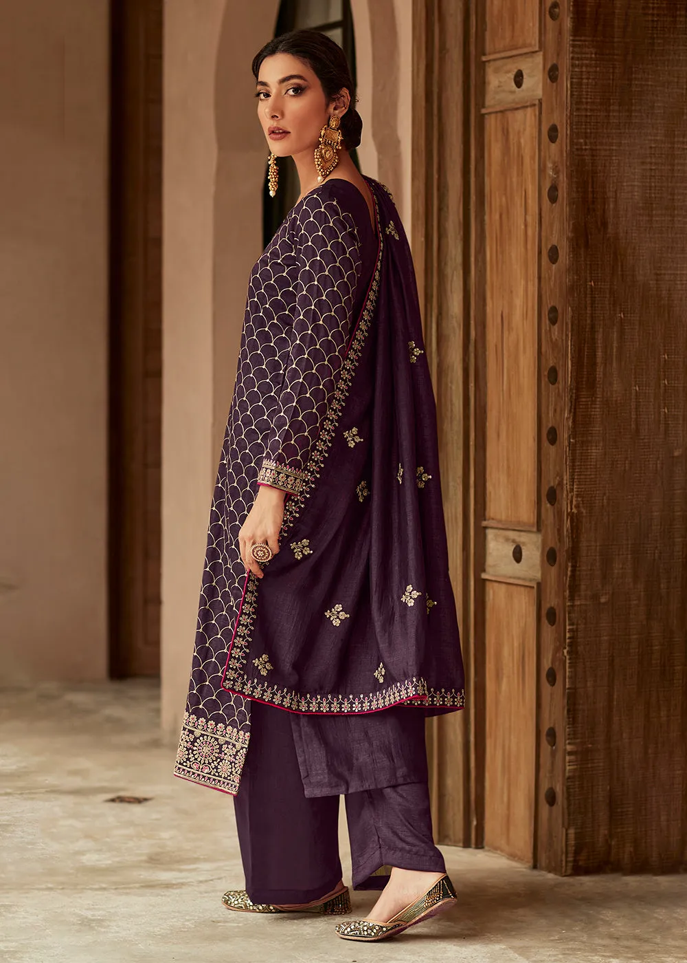 Premium Silk Purple & Gold Embroidered Indian Salwar Kameez