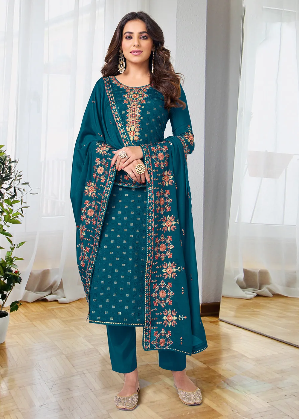 Pretty Prussian Blue Beautifully Embroidered Trendy Salwar Kameez