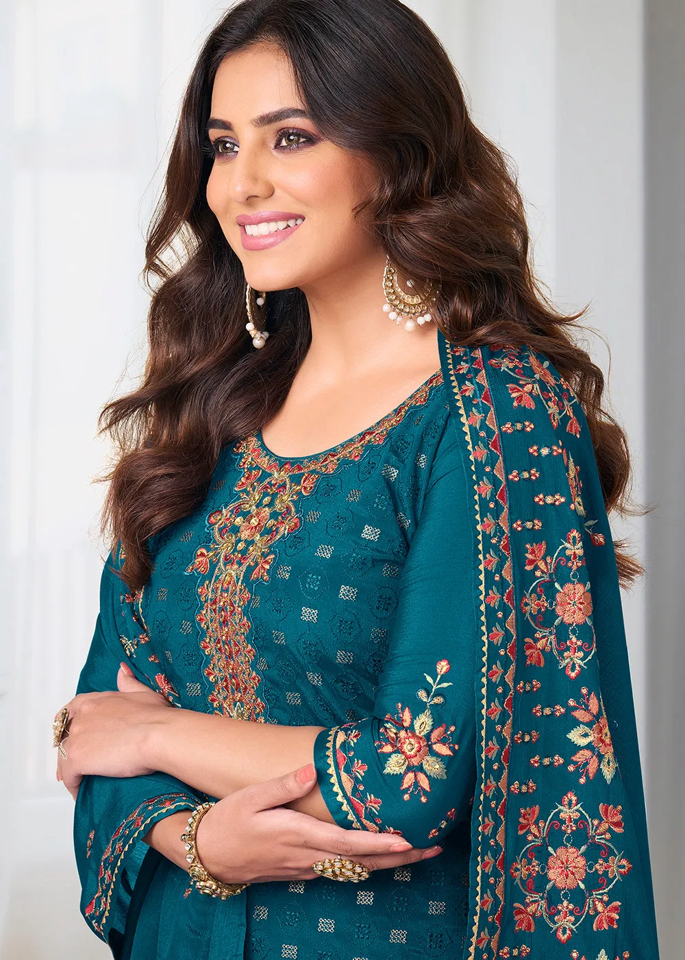 Pretty Prussian Blue Beautifully Embroidered Trendy Salwar Kameez