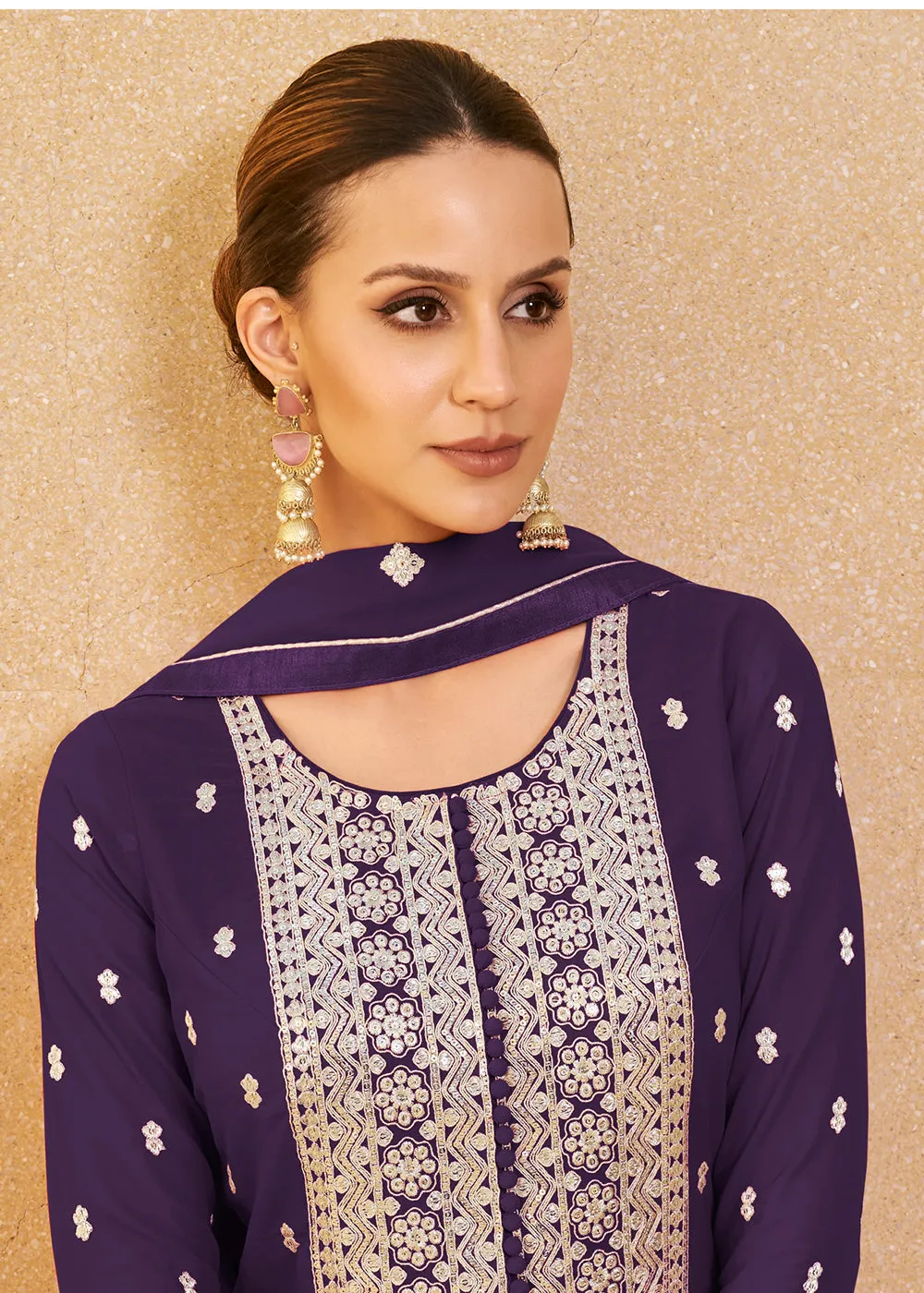 Pretty Purple Real Georgette Palazzo Style Salwar Suit