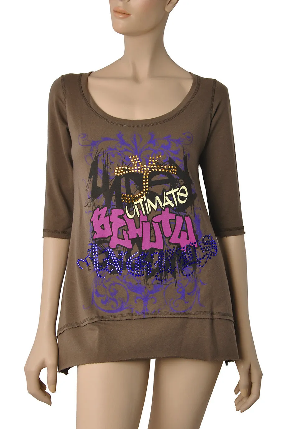 PRINCESS GRAFFITI Brown Jeweled Top