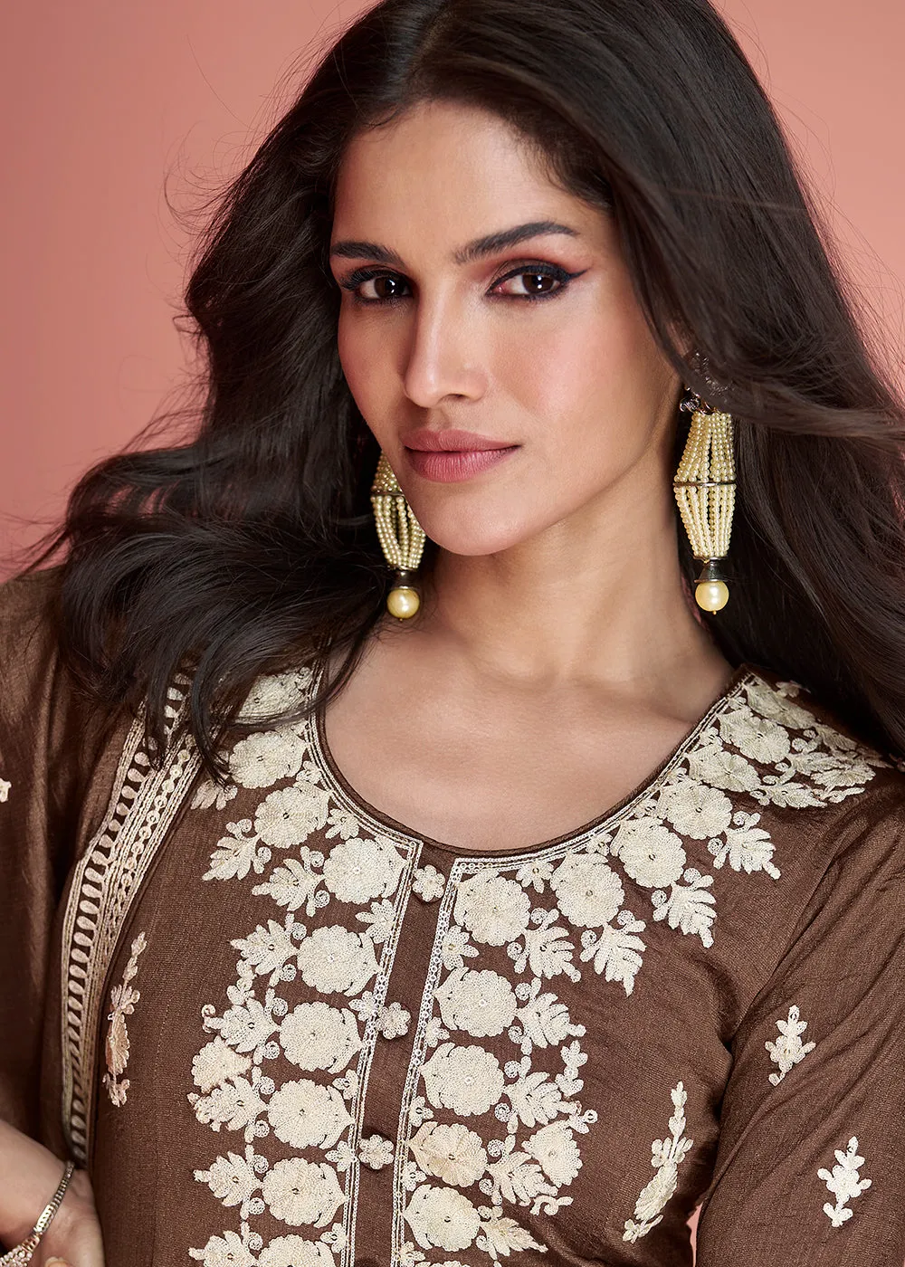 Punjabi Style Silk Embroidered Salwar Suit in Brown
