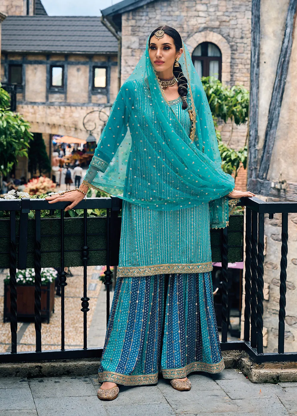 Punjabi Style Turquoise Embroidered Designer Palazzo Suit