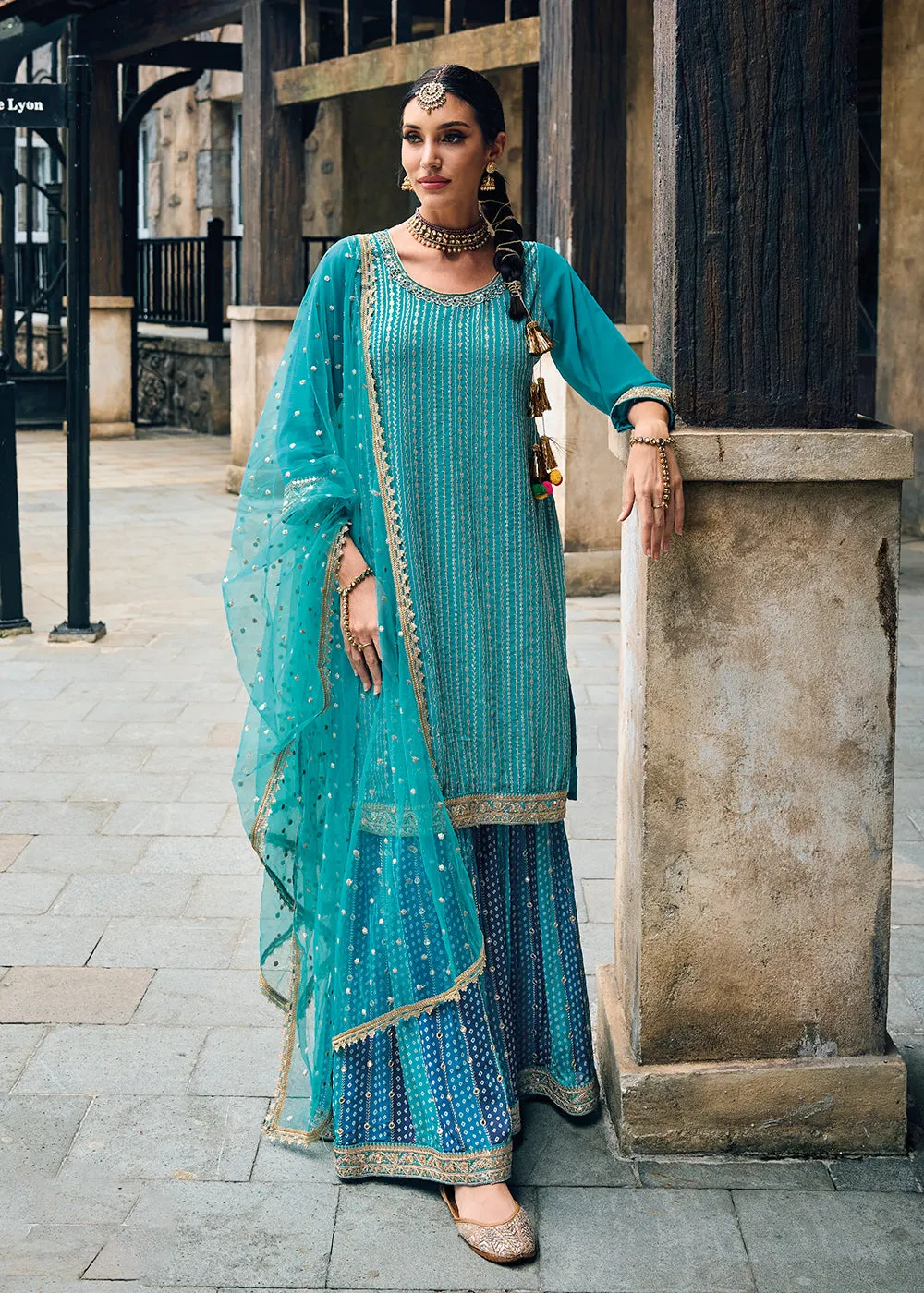 Punjabi Style Turquoise Embroidered Designer Palazzo Suit