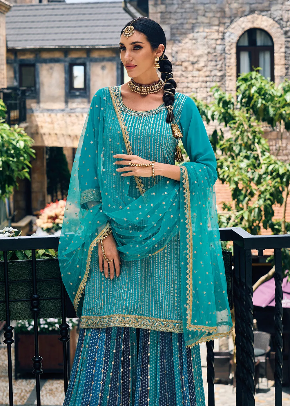 Punjabi Style Turquoise Embroidered Designer Palazzo Suit