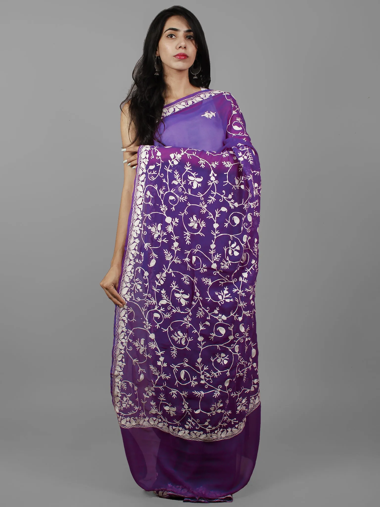 Purple Ivory Aari Embroidered Chiffon Saree From Kashmir  - S031702132