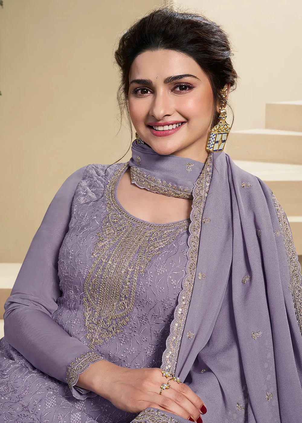 Purple Schiffli Embroidered Organza Salwar Suit