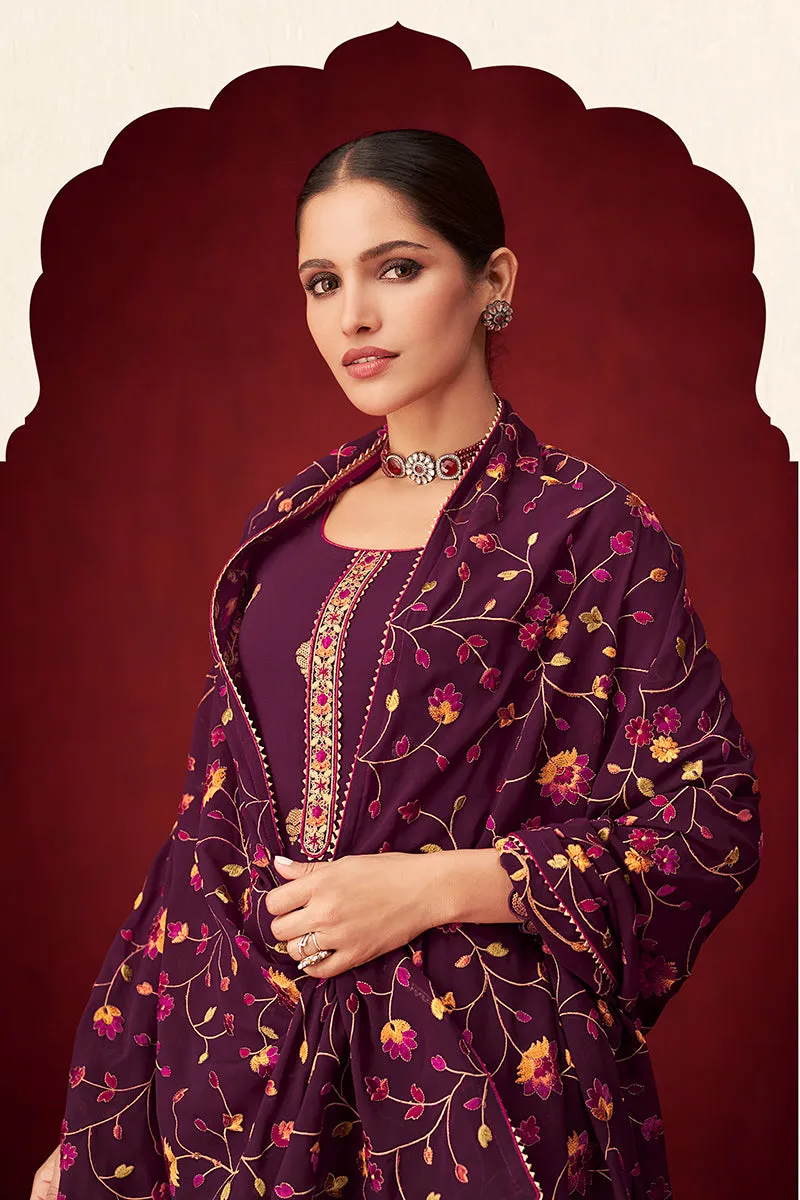 Purple Sequins & Thread Embroidered Georgette Salwar Suit
