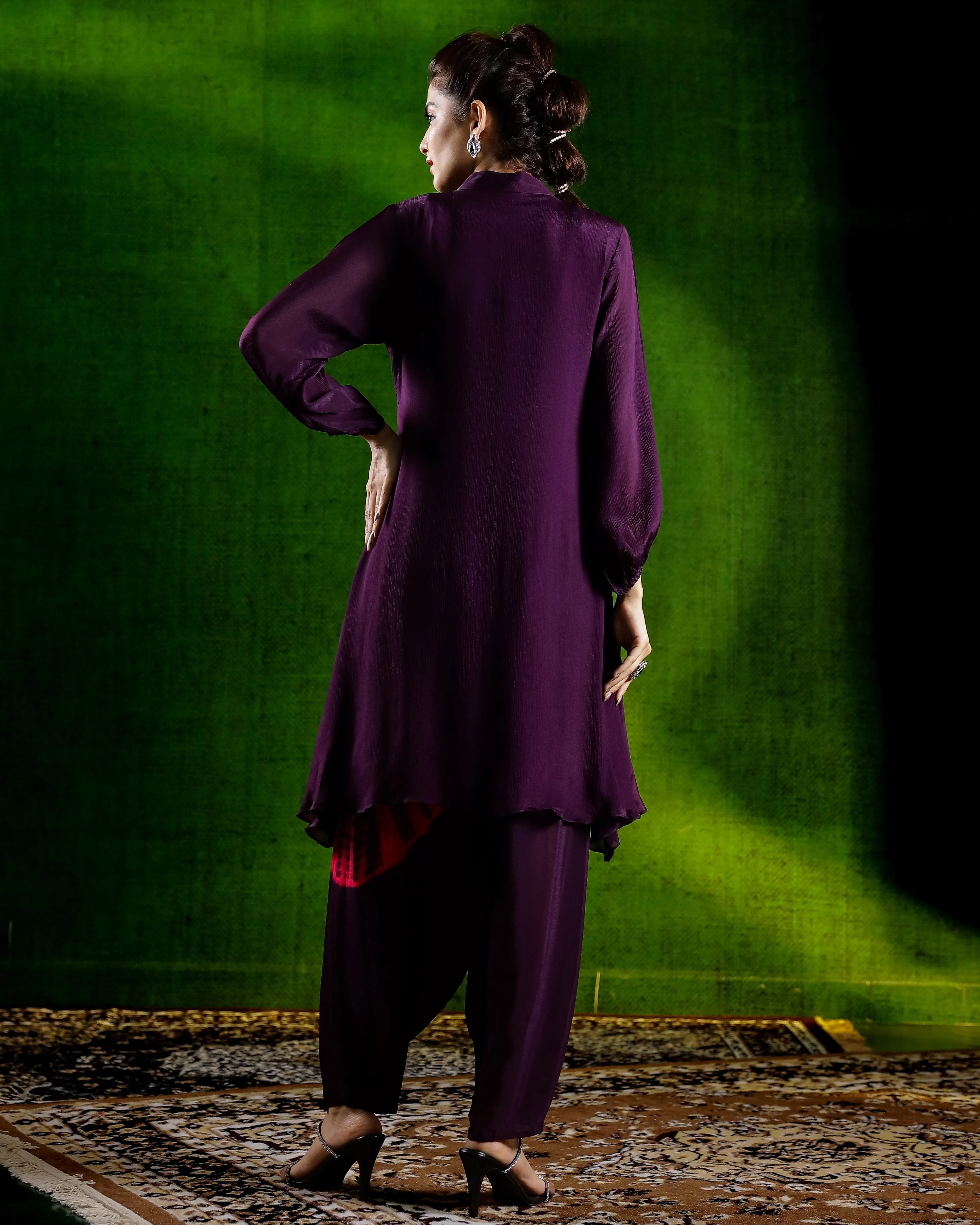 Purple Tie & Dye Chinon Silk Dhoti Set
