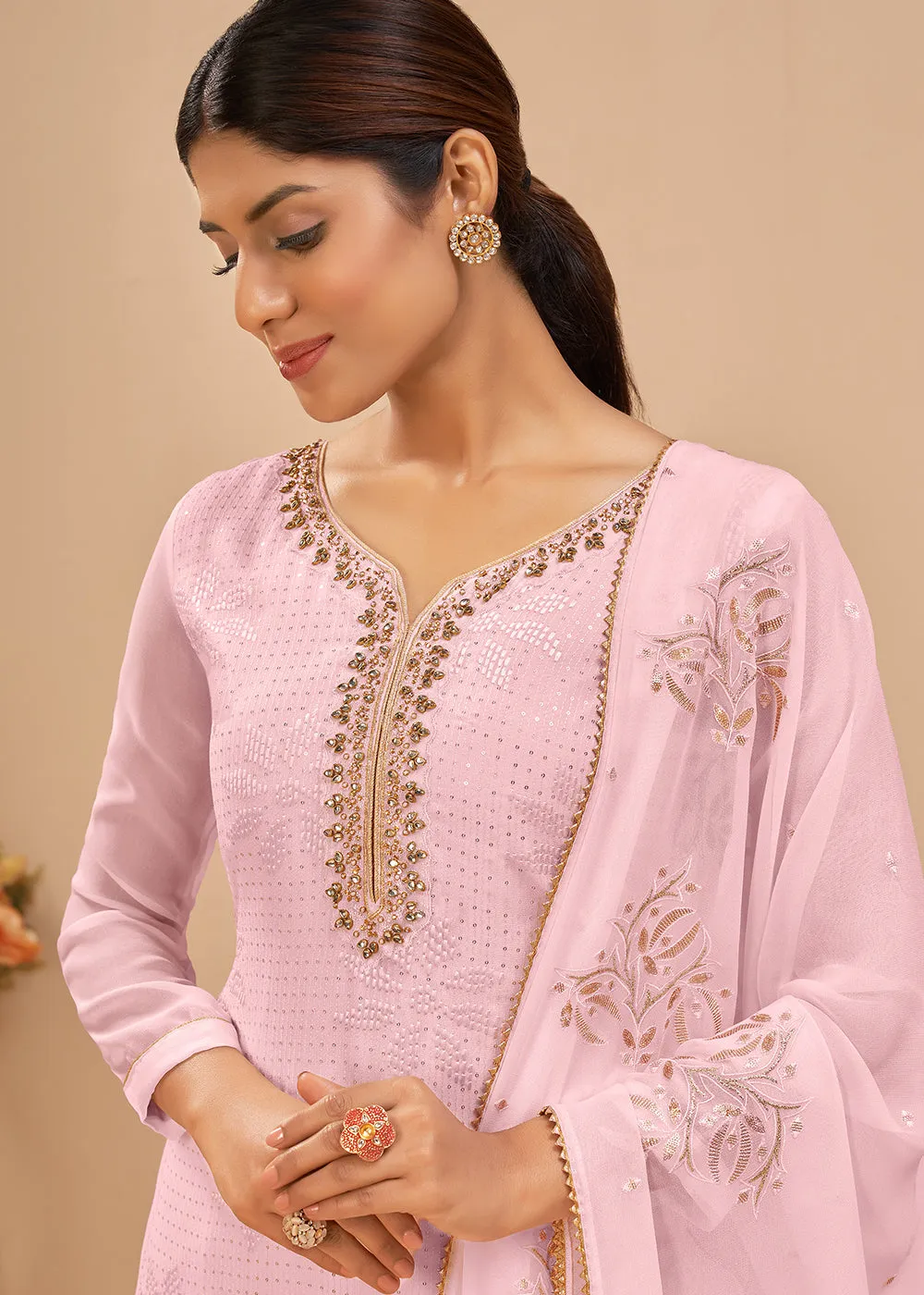 Radiant Pink Sequins & Khatli Work Festive Palazzo Suit