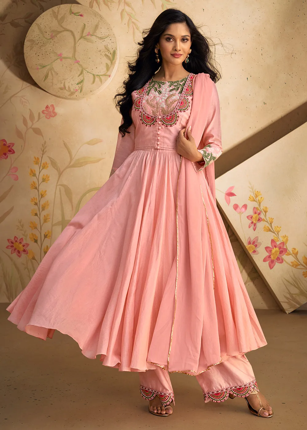 Real Silk Light Pink Anarkali Style Pant Salwar Suit