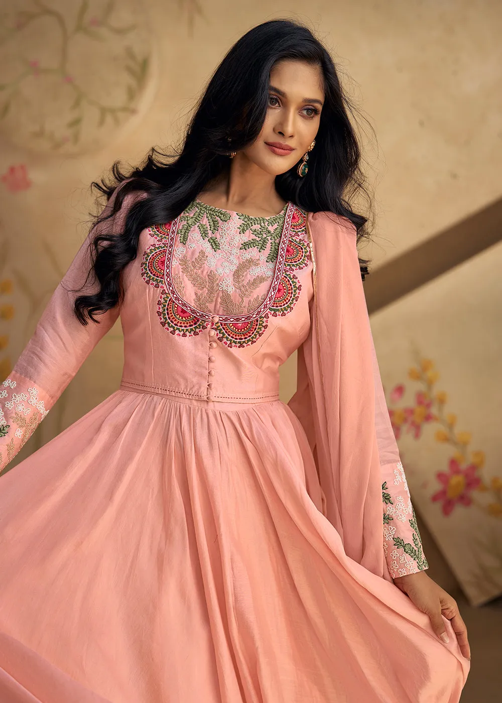 Real Silk Light Pink Anarkali Style Pant Salwar Suit