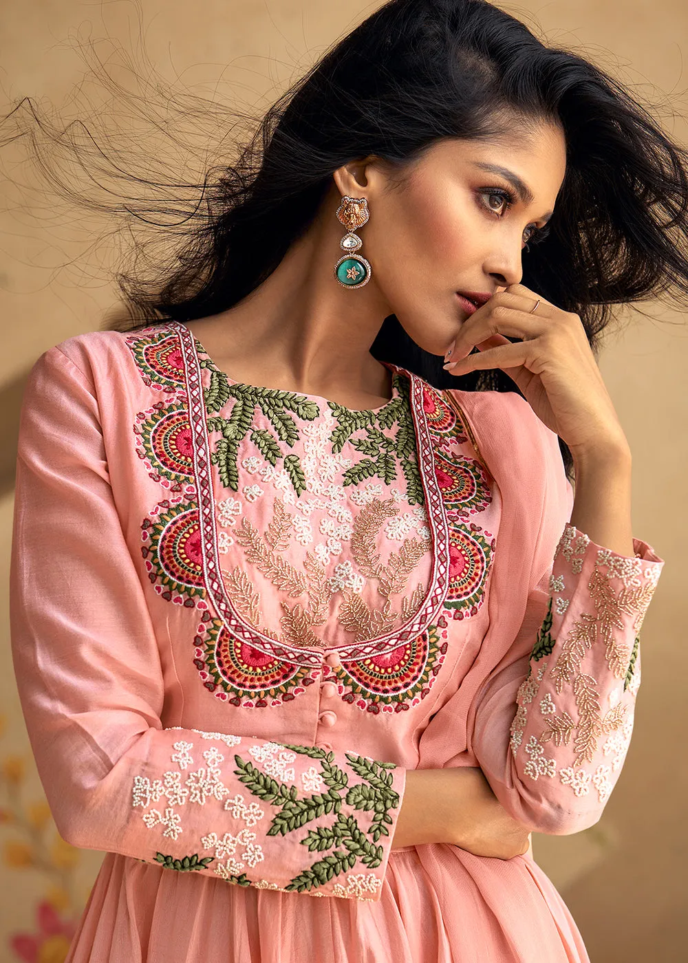 Real Silk Light Pink Anarkali Style Pant Salwar Suit