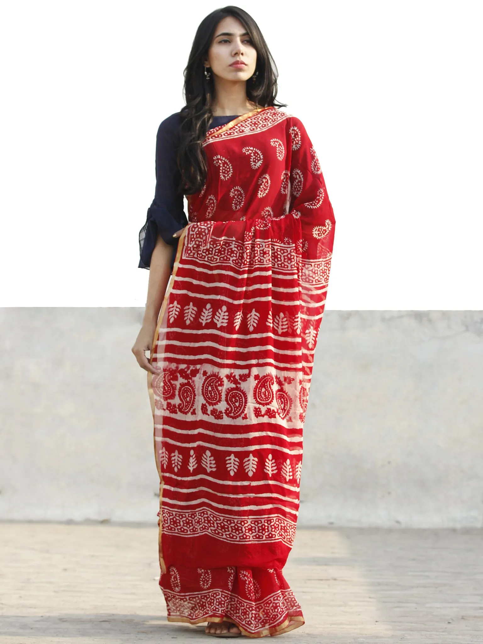 Red and White  Hand Block Printed Chiffon Saree with Zari border- S031702697