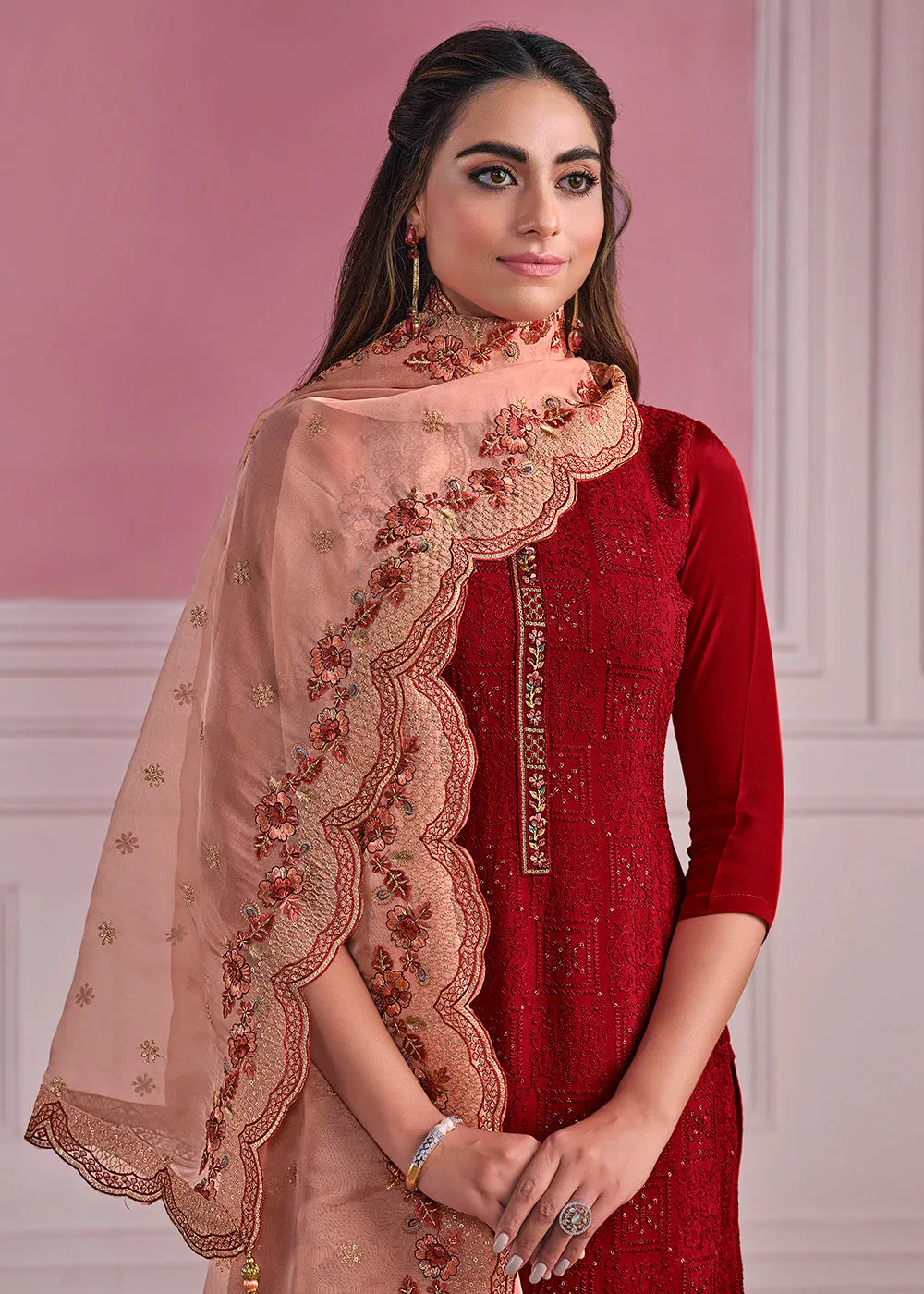 Red Chinnon Chiffon Chikankari Embroidered Wedding Salwar Suit