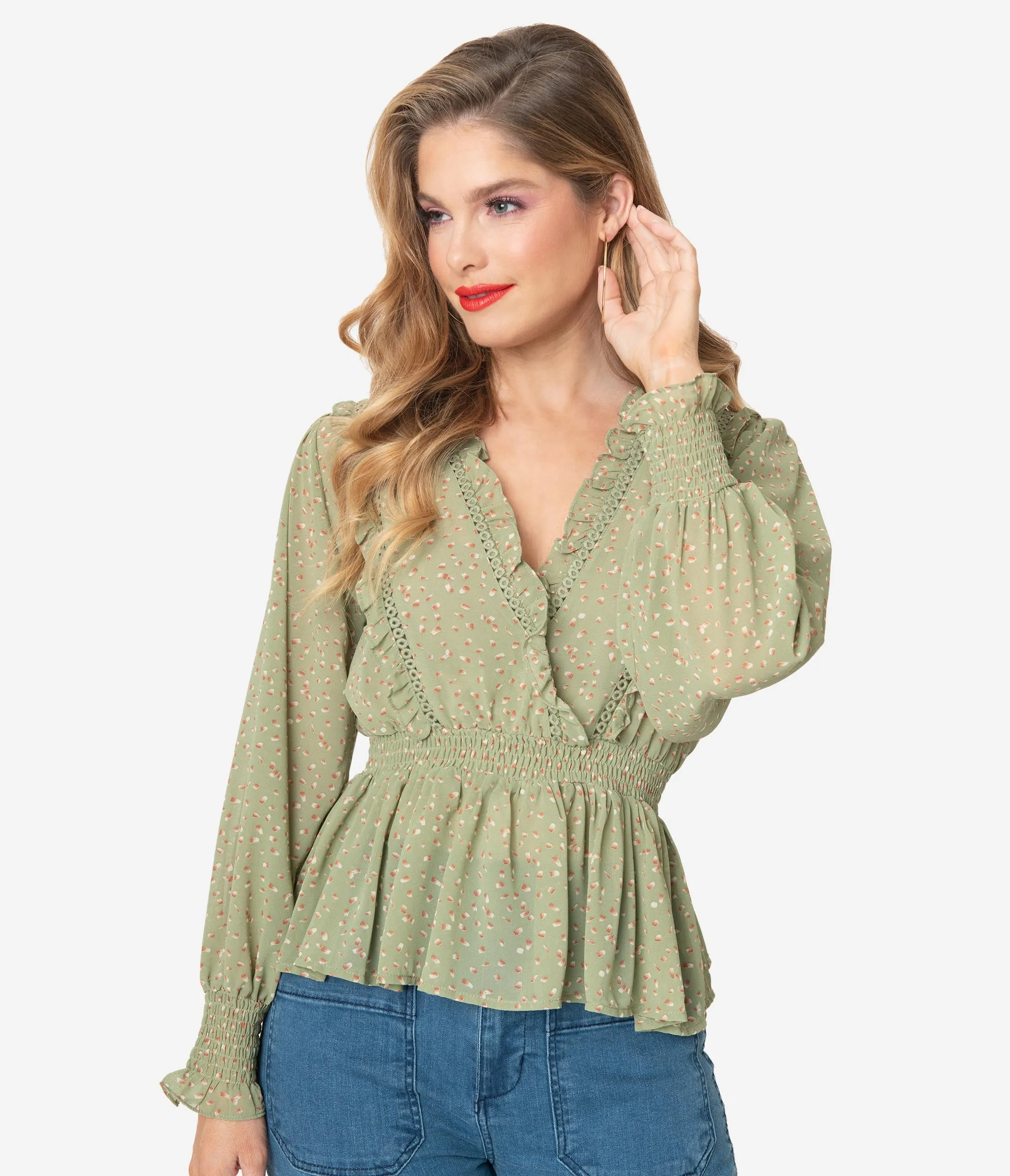 Sage Green Printed Long Sleeve Surplice Blouse