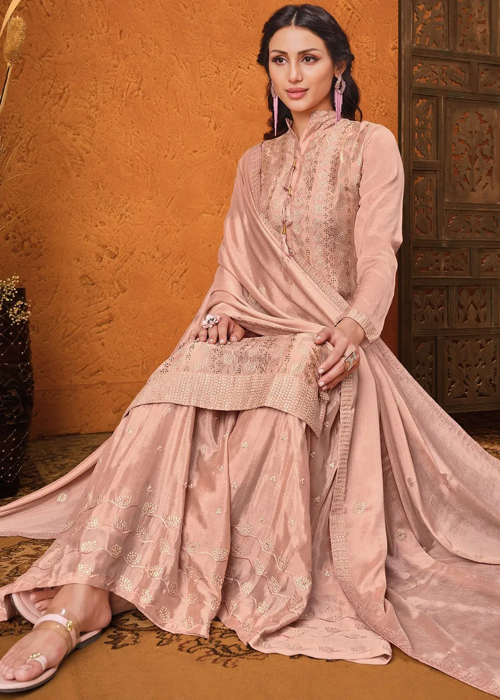 Salmon Peach Chiffon Embroidered Sharara Suit