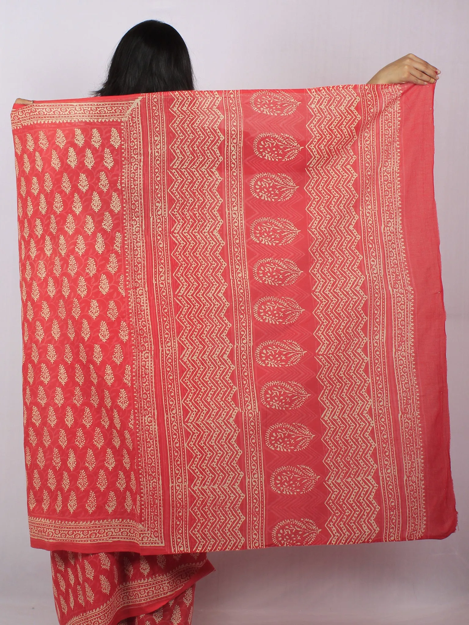 Scarlet Red Pink Beige Hand Block Printed Cotton Saree in Natural Colors - S03170814