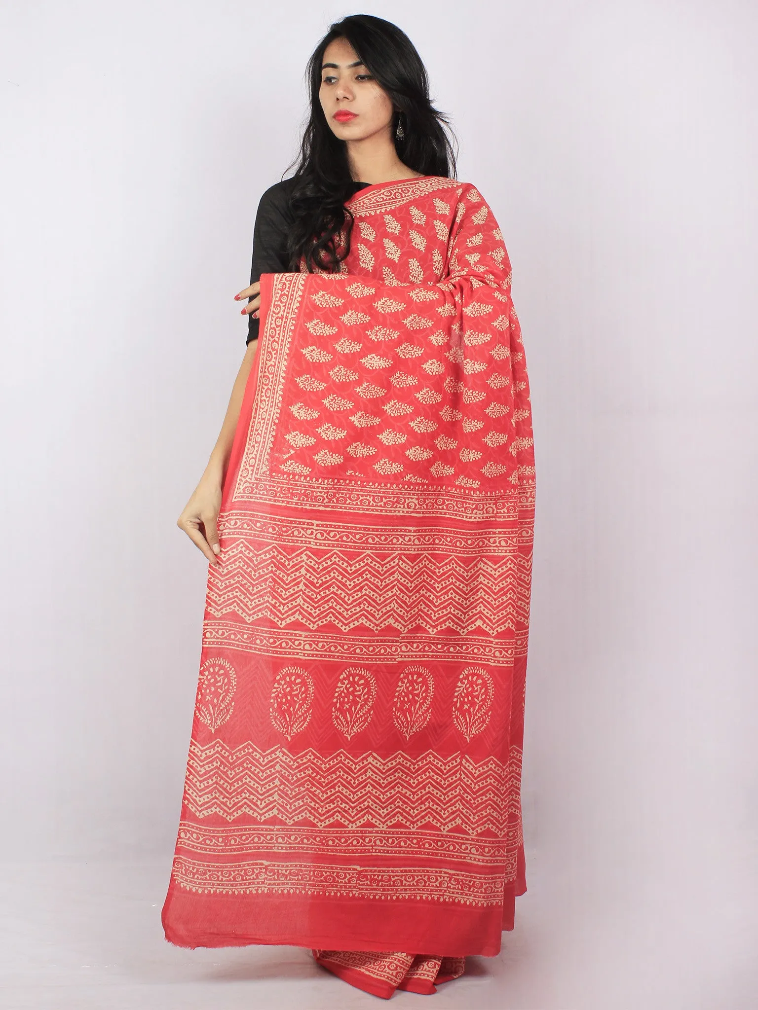 Scarlet Red Pink Beige Hand Block Printed Cotton Saree in Natural Colors - S03170814