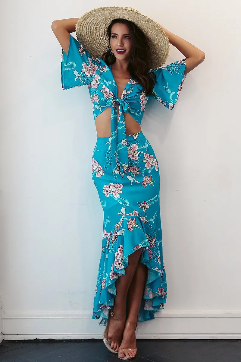 Sexy 2 Pieces Floral Print Ruffles V Neck Crop Tops Skirts Outfits