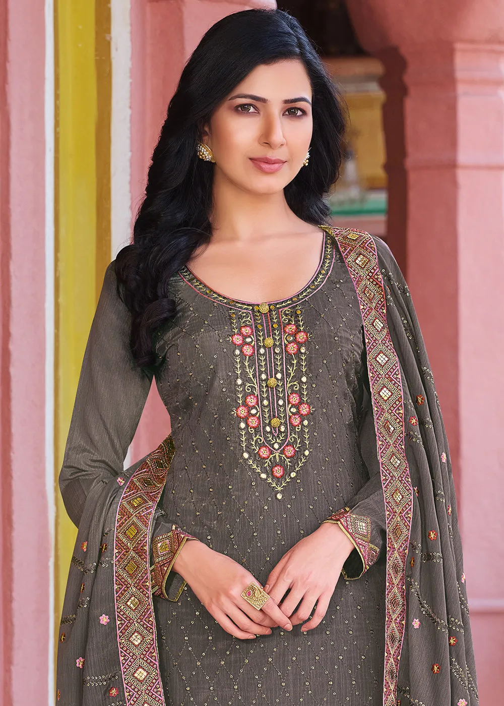 Shade Grey Pakistani Pant Style Chinnon Salwar Suit
