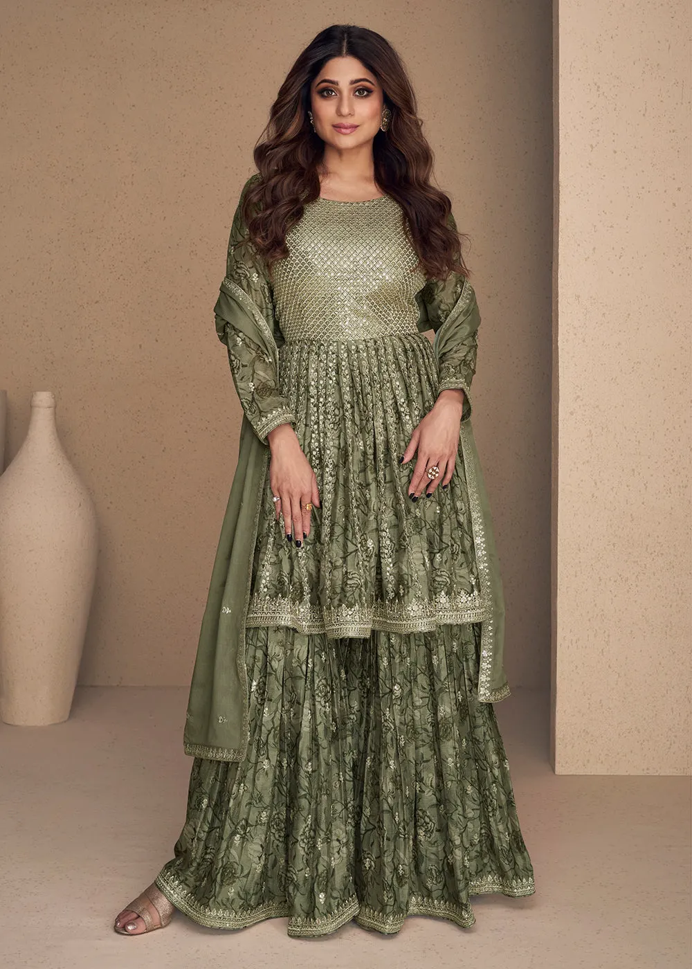 Shamita Shetty Moss Green Chinon Silk Digital Printed Sharara Suit
