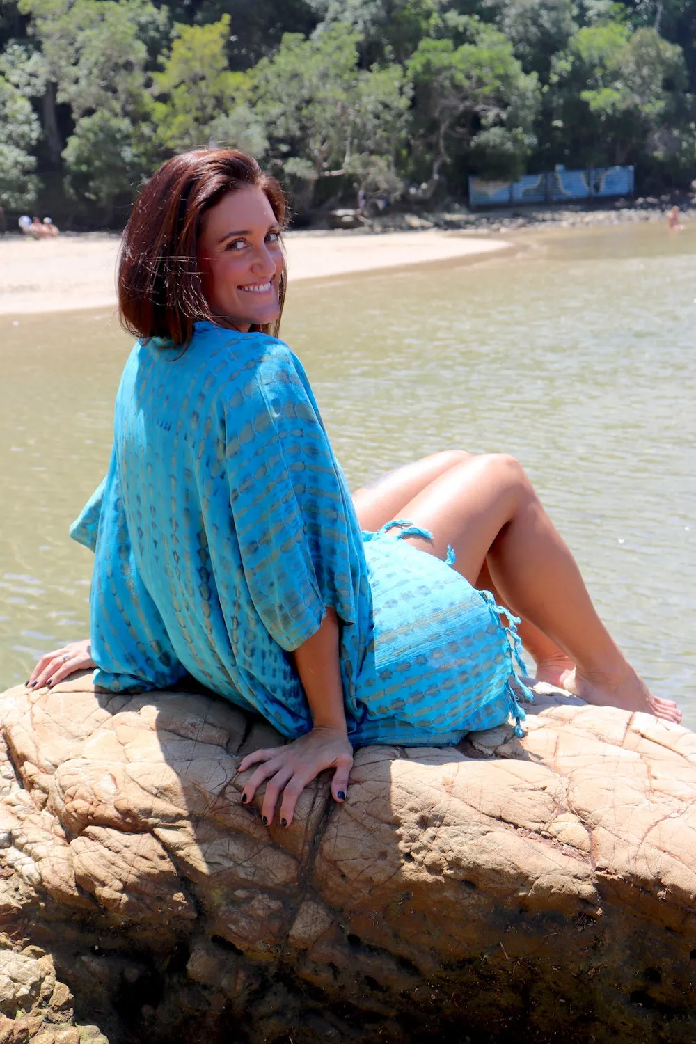 Short Kaftan With Tassels In Bright Blue Tie Dye