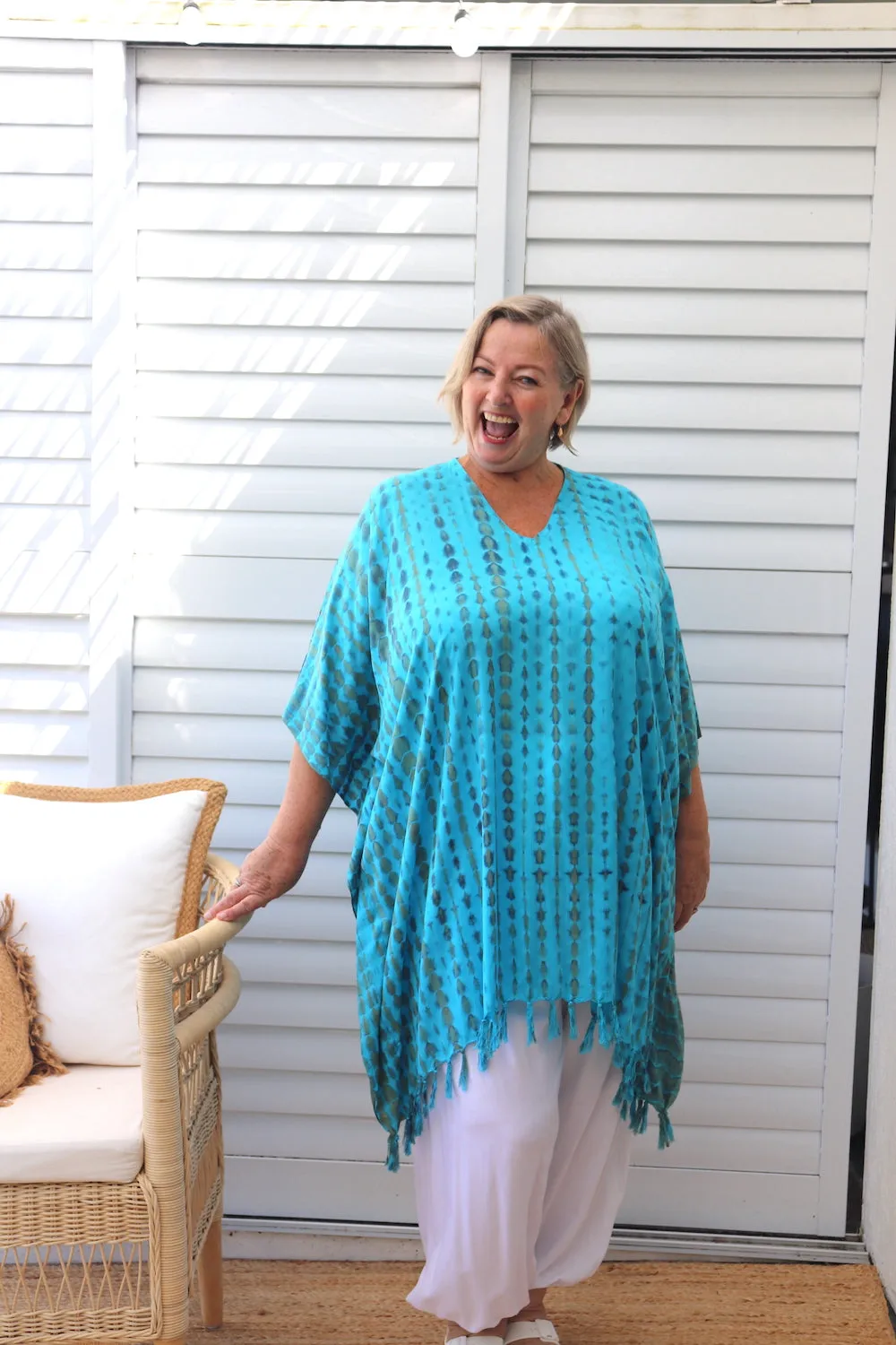 Short Kaftan With Tassels In Bright Blue Tie Dye