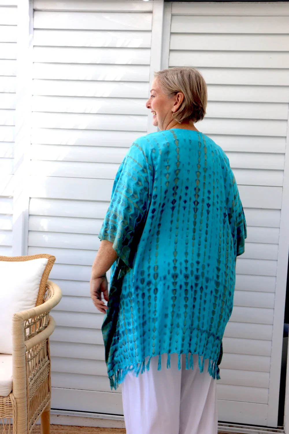 Short Kaftan With Tassels In Bright Blue Tie Dye