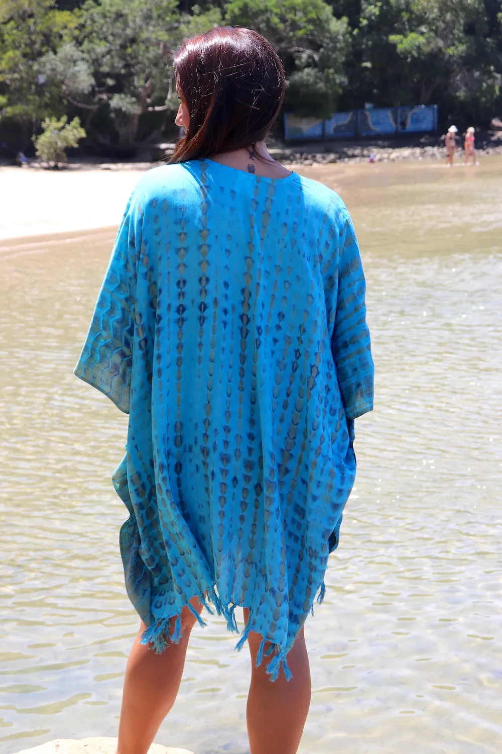 Short Kaftan With Tassels In Bright Blue Tie Dye
