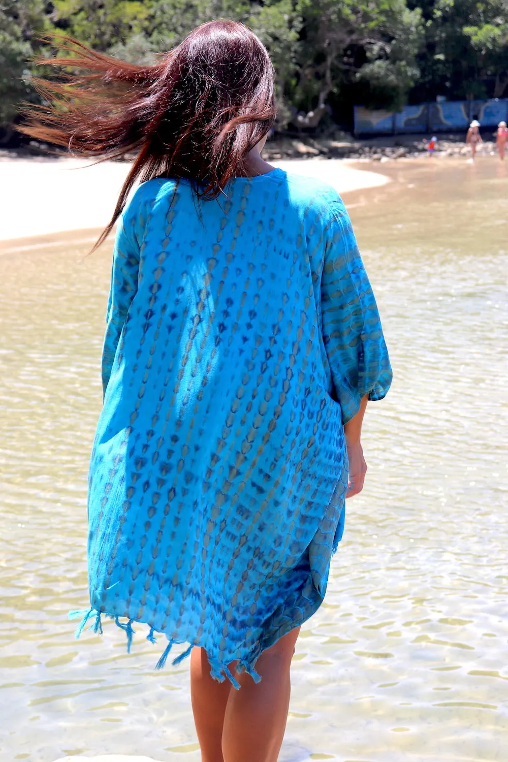 Short Kaftan With Tassels In Bright Blue Tie Dye