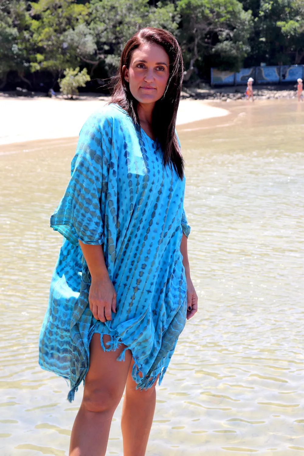 Short Kaftan With Tassels In Bright Blue Tie Dye