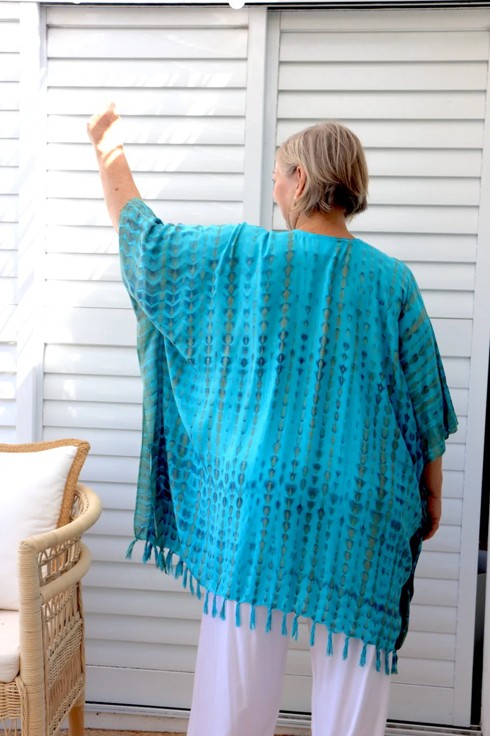 Short Kaftan With Tassels In Bright Blue Tie Dye