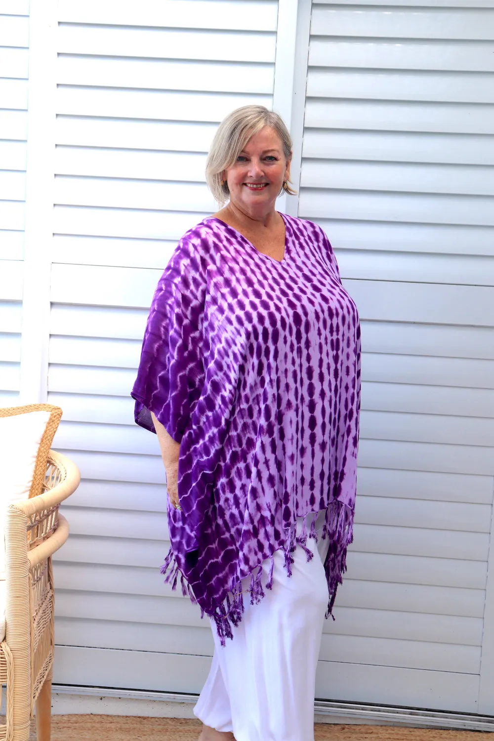 Short Kaftan With Tassels In Lavender Tie Dye