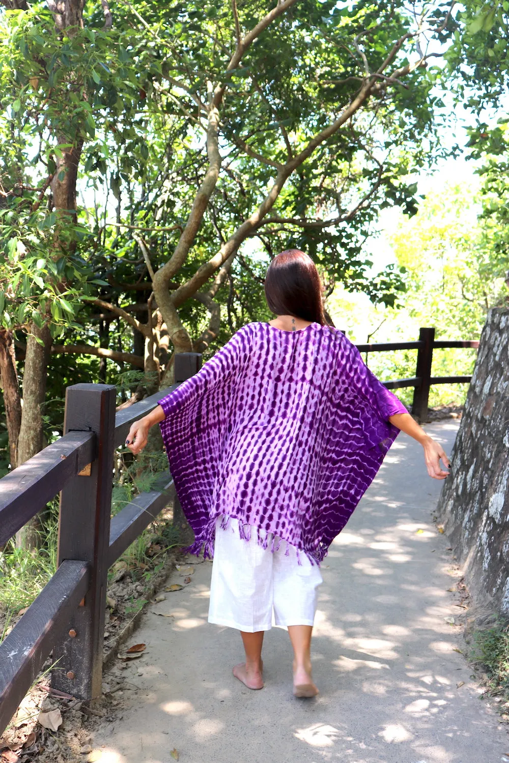 Short Kaftan With Tassels In Lavender Tie Dye
