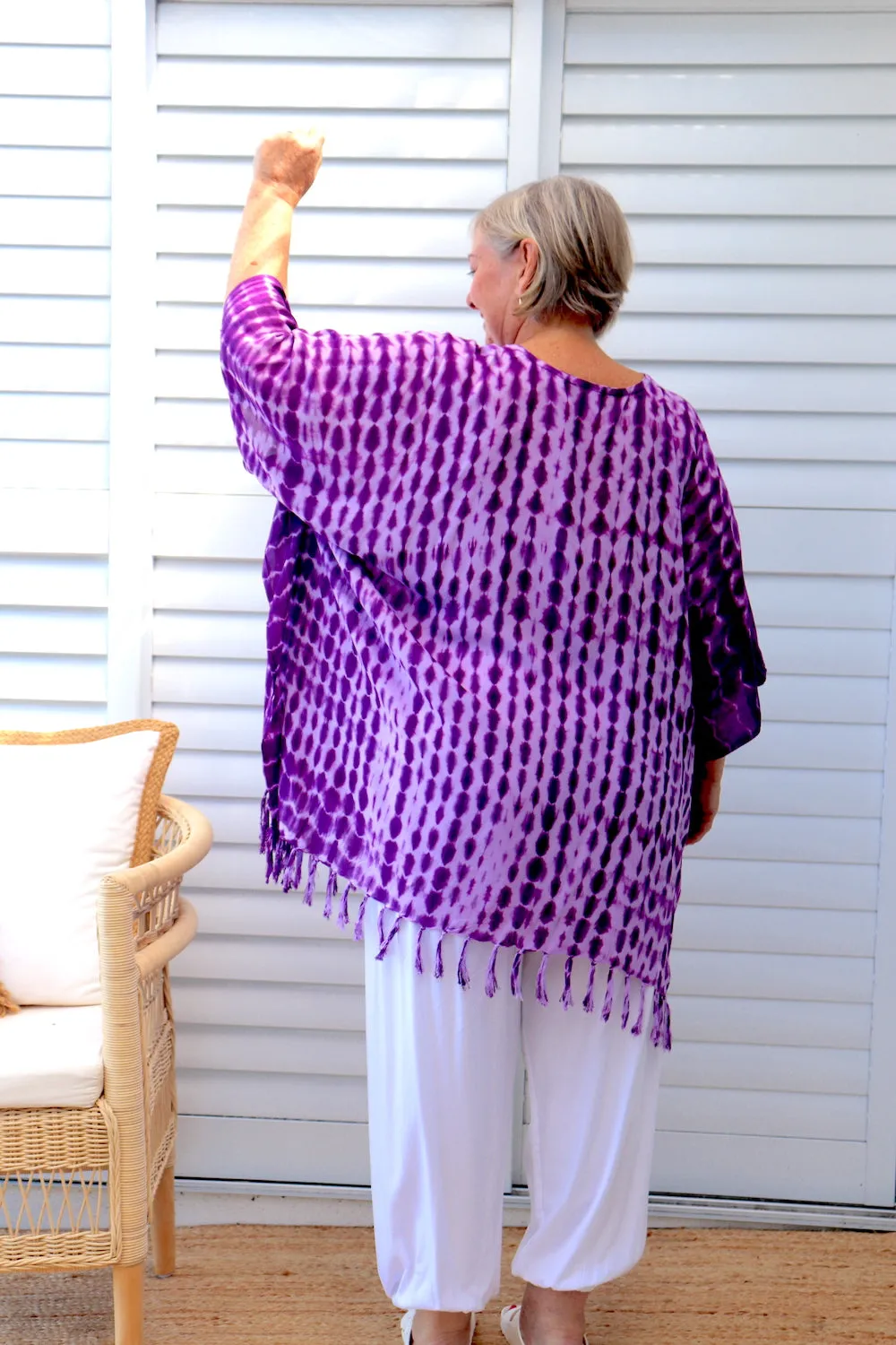 Short Kaftan With Tassels In Lavender Tie Dye
