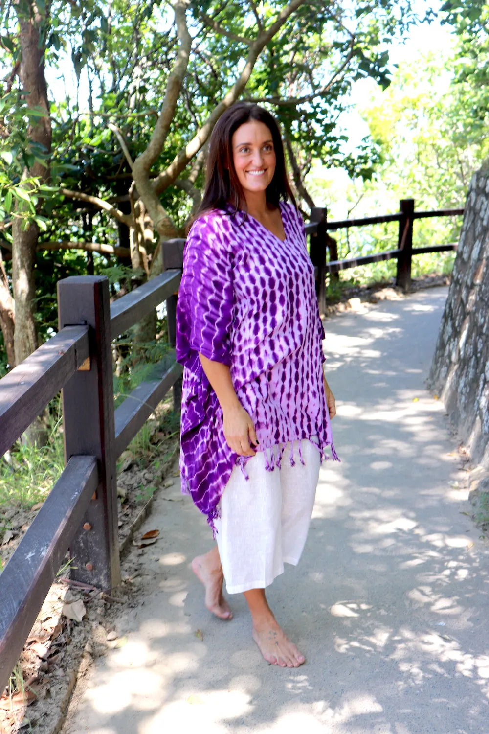 Short Kaftan With Tassels In Lavender Tie Dye