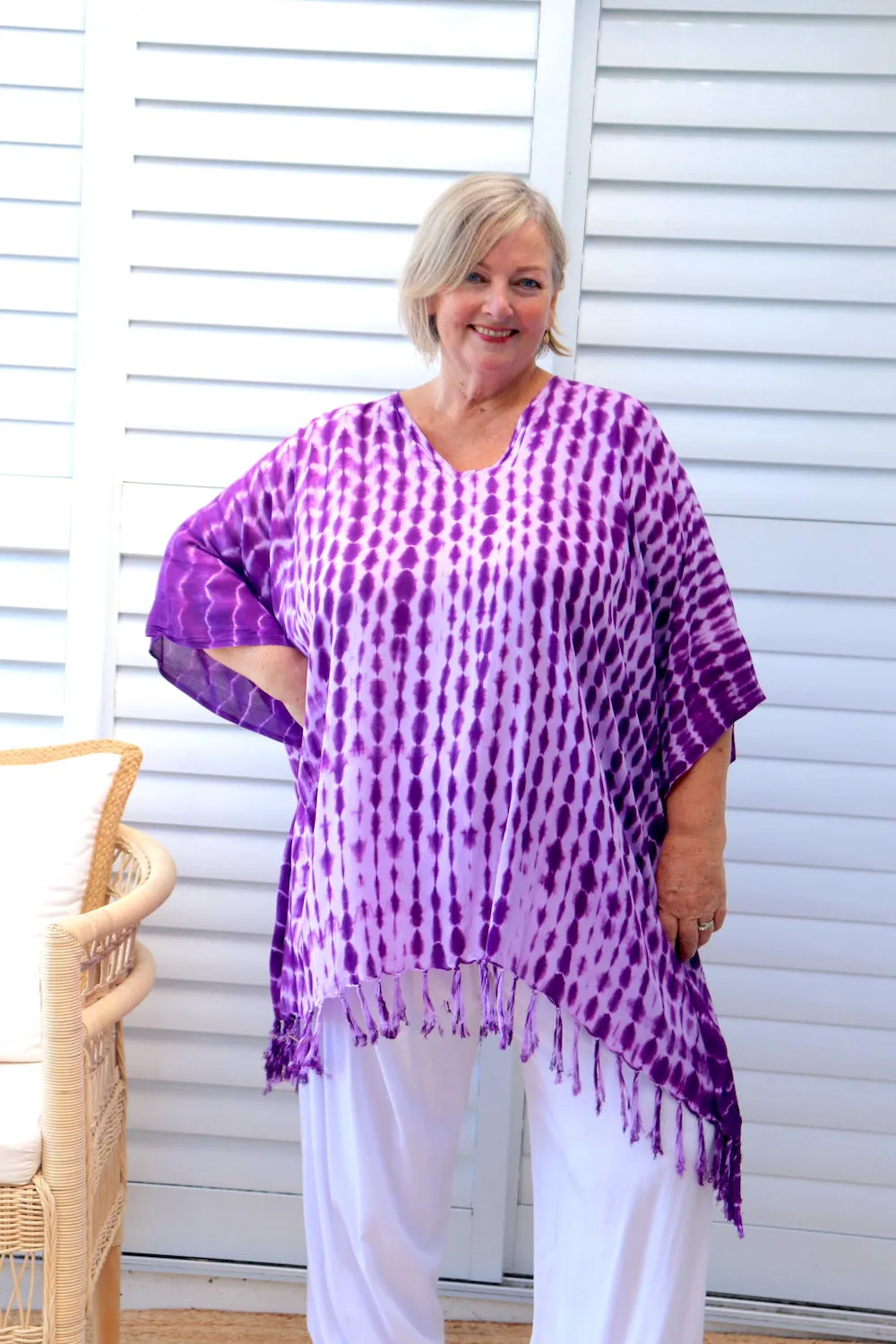 Short Kaftan With Tassels In Lavender Tie Dye