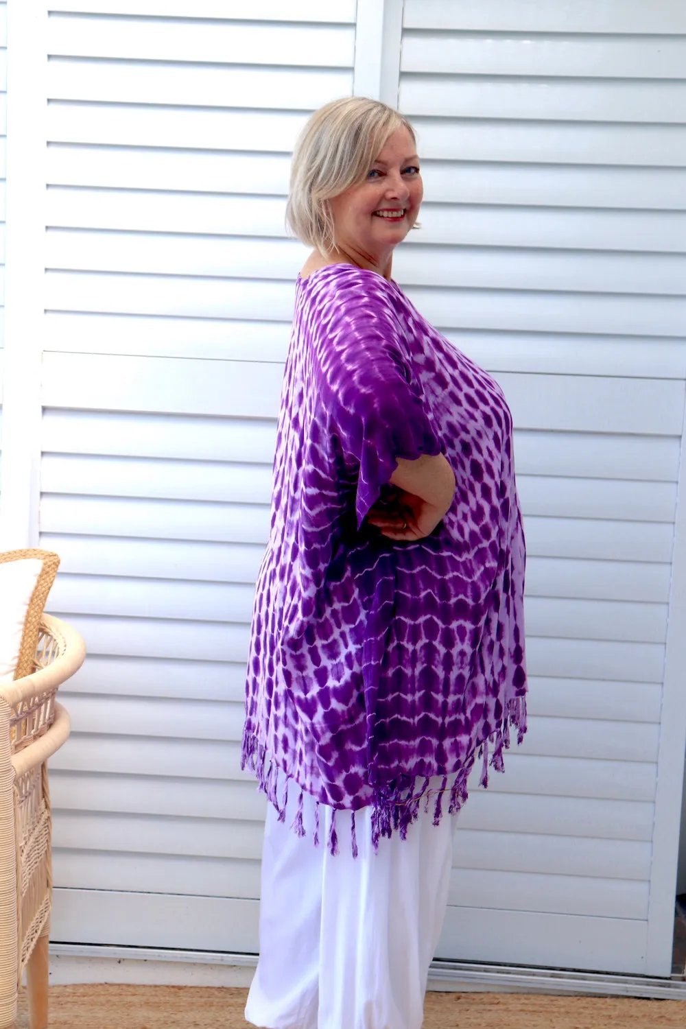 Short Kaftan With Tassels In Lavender Tie Dye