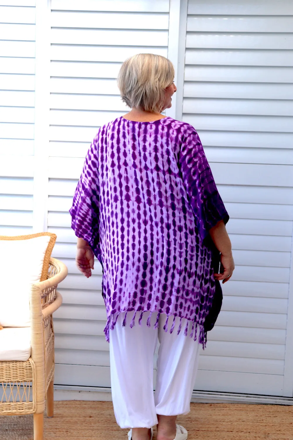 Short Kaftan With Tassels In Lavender Tie Dye