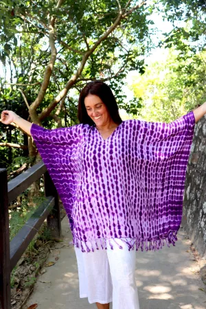 Short Kaftan With Tassels In Lavender Tie Dye