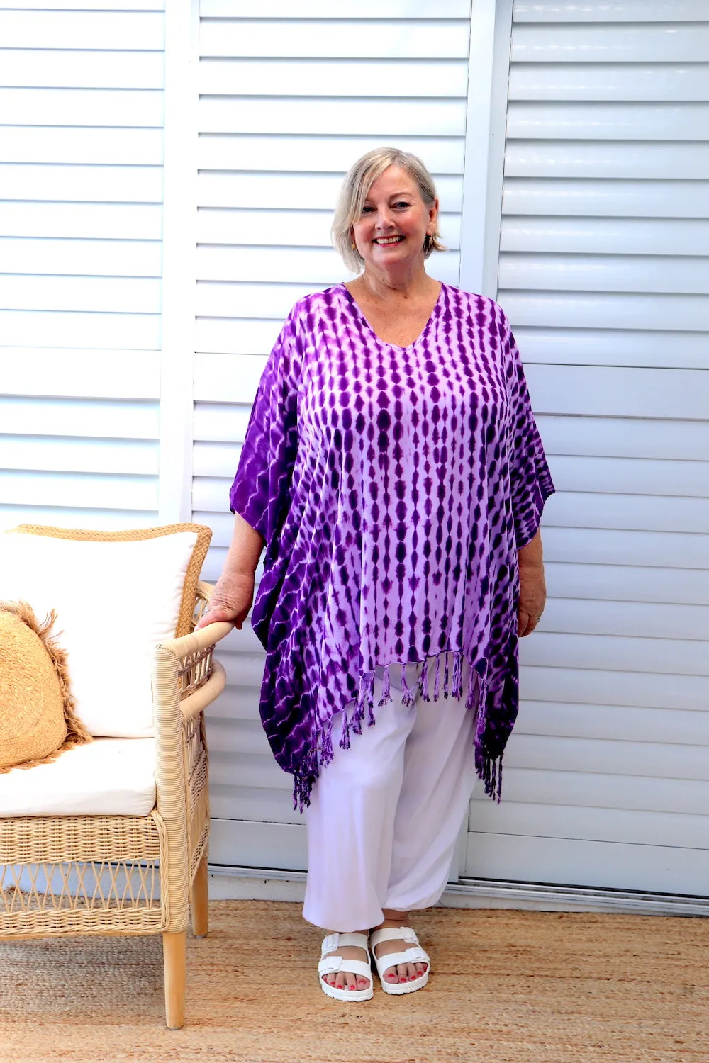 Short Kaftan With Tassels In Lavender Tie Dye